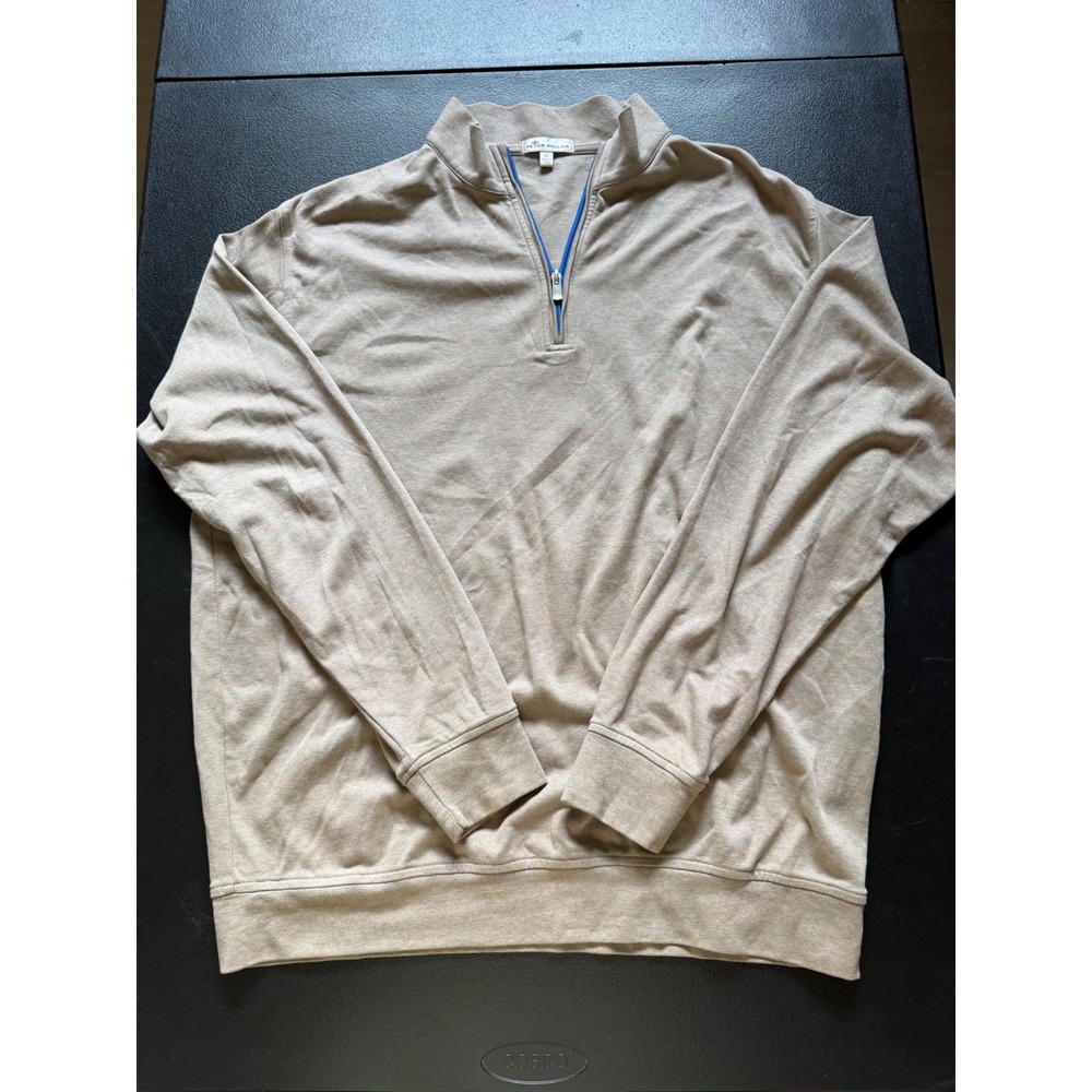 Peter Millar Mens XL Tan Cotton 1/4 Zip Pullover Sweater MS17K40 Heathered Tan
